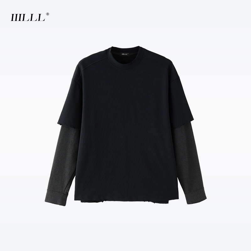 IIILLL童锦程假两件卫衣男春季美式潮牌情侣百搭圆领拼接长袖T恤