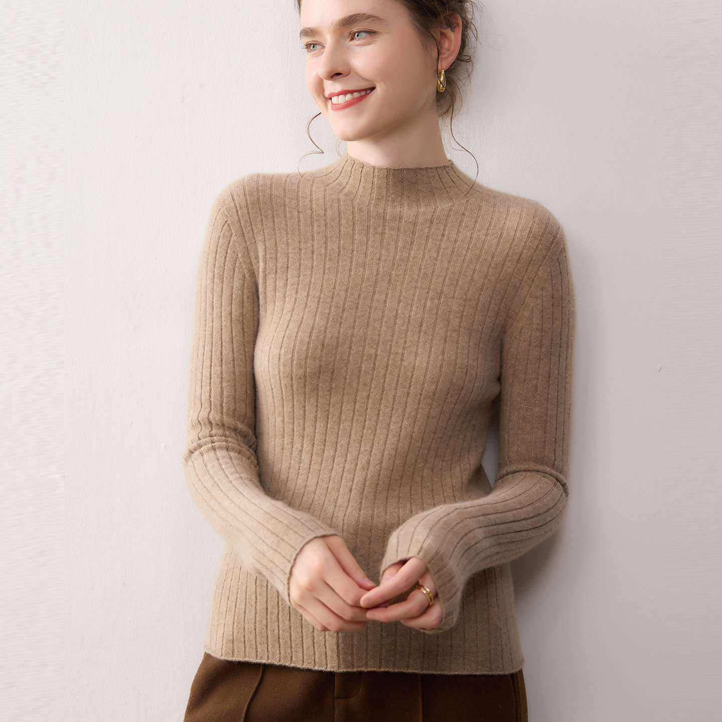 25新款100%山羊绒女款无缝坑条内搭半高领加厚百搭针织打底衫长袖