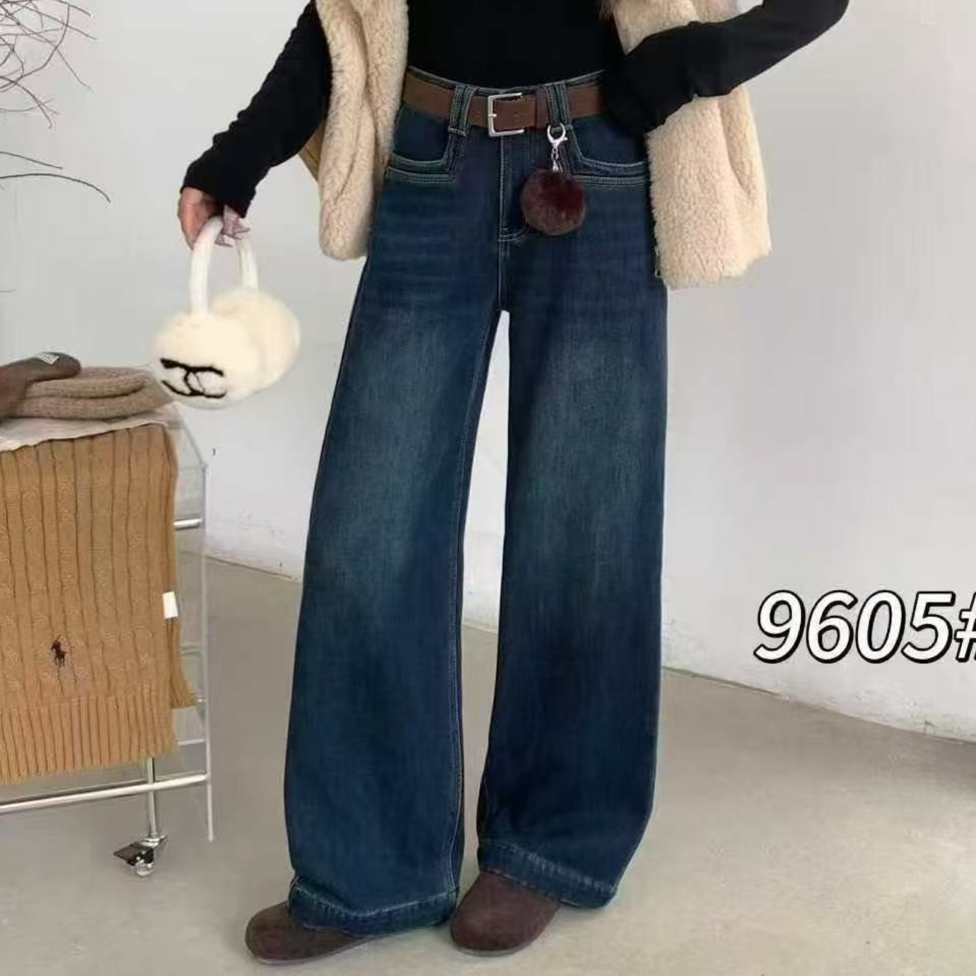9605冬季加绒加厚复古蓝高腰显瘦阔腿直筒牛仔裤女百搭垂感