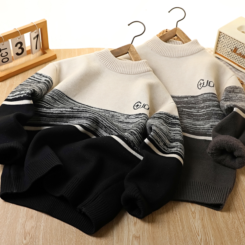 男童秋冬季新款字母JOY一体绒毛衣中大童加厚保暖圆领打底衫6746