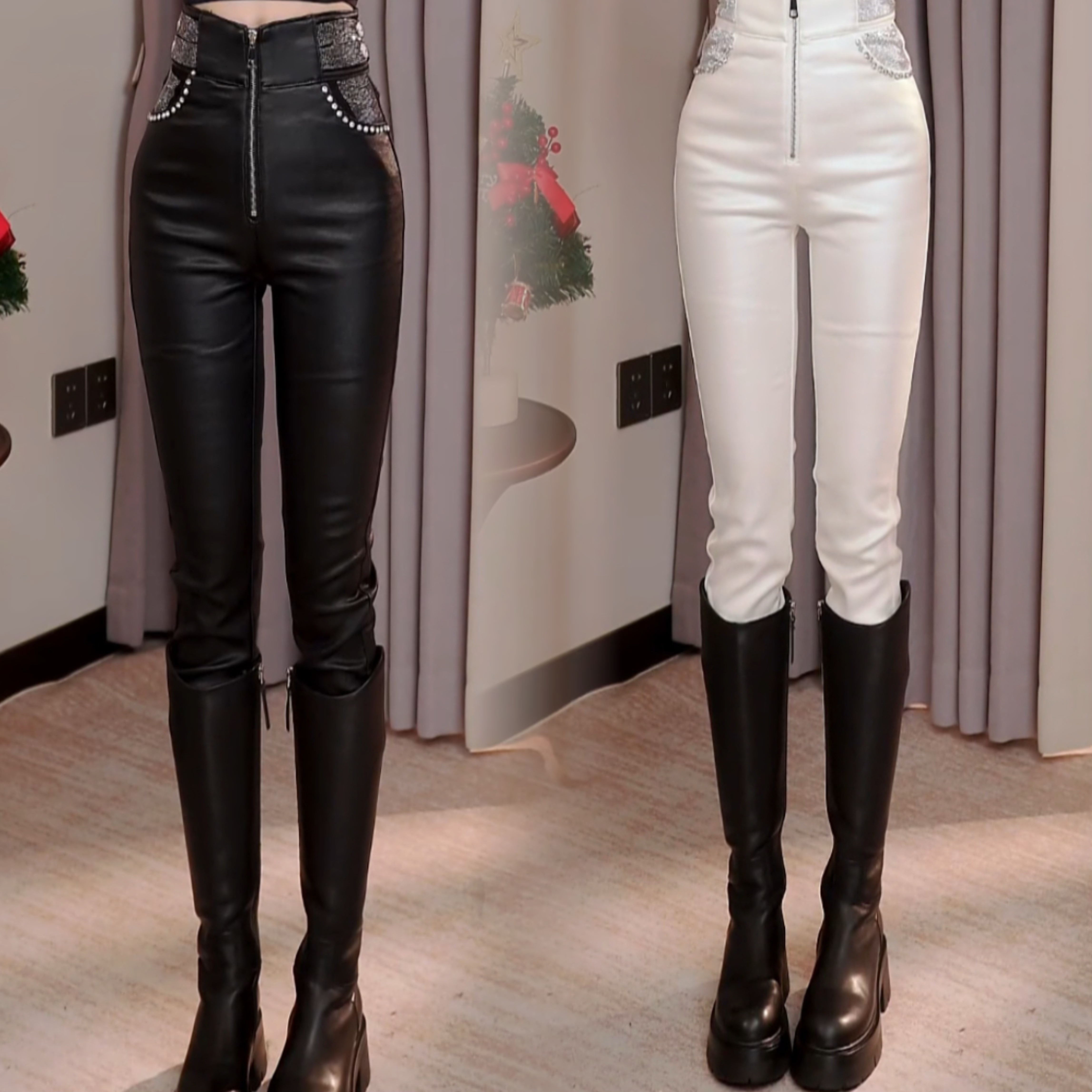 冬季加绒涂层皮铅笔裤高腰拉链小脚裤显瘦烫钻皮裤