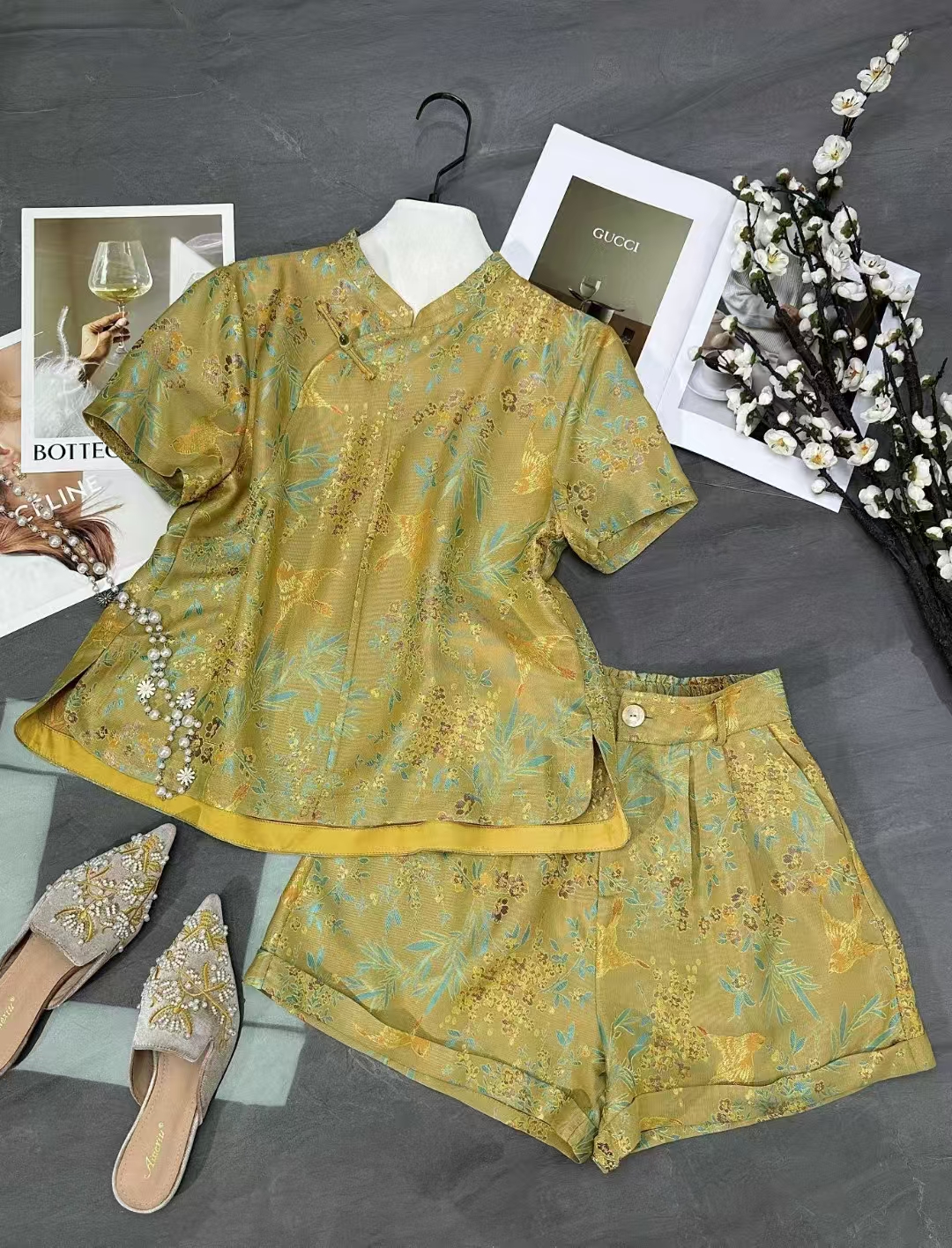 『倾国倾城』夏季国风气质时尚休闲提花上衣短裤套装