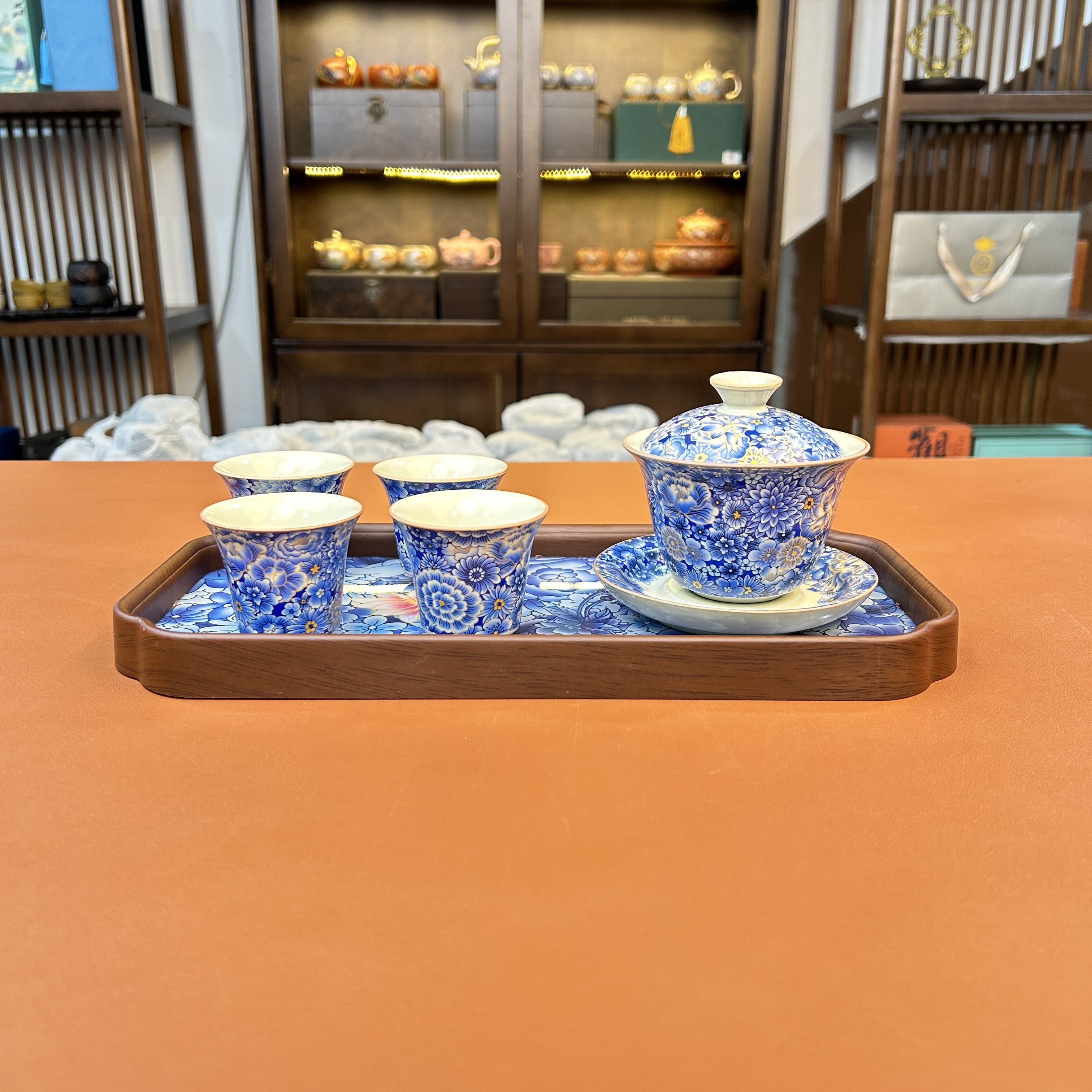 ZH3746-青花一碗四杯+茶盘