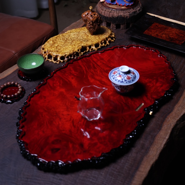 66-39-2.5 黄金樟茶盘家用干泡大号雕刻满榴花整块实木缅花金丝楠