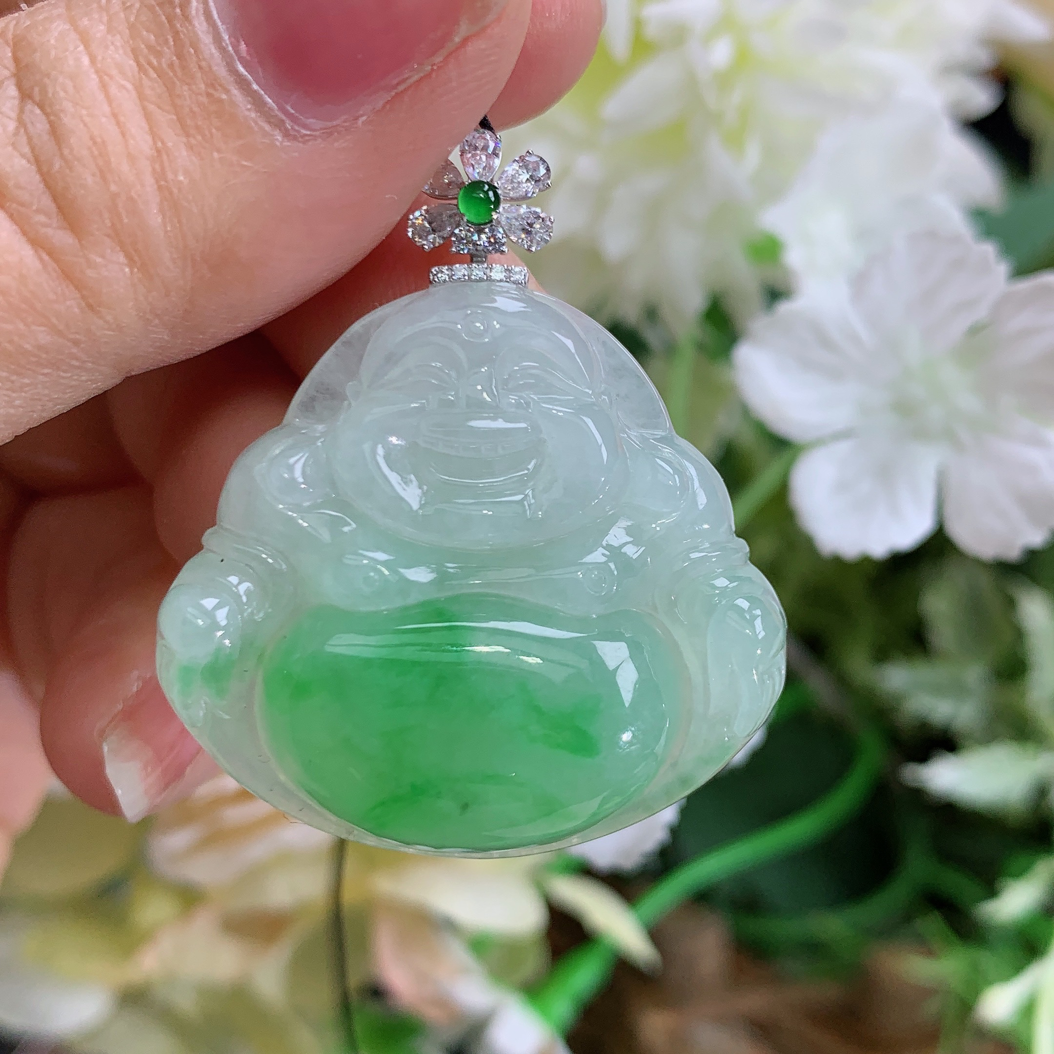 缅甸天然翡翠A货18k冰胶飘阳绿佛公吊坠凯尺寸29.3/32/6.9mm