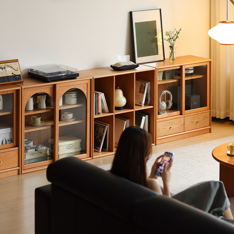 【国补15%】【N次方】实木矮书柜组合樱桃木储物复古玻璃手办展示边柜