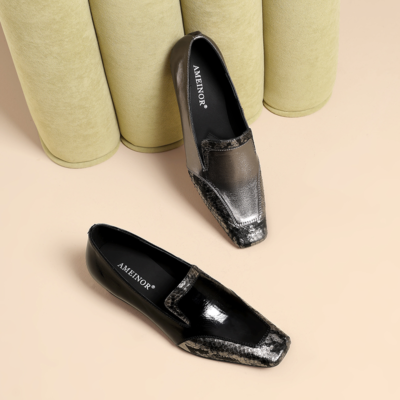 2025秋季新款气质拼皮舒适百搭小方头低跟单鞋A-MDN-7562