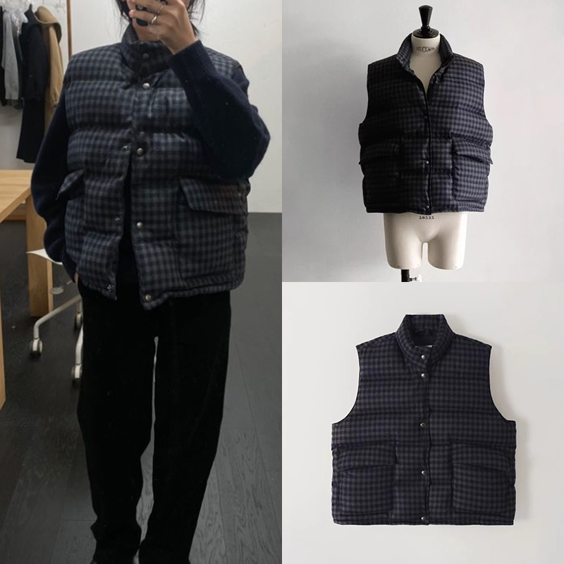 韩国东大门NW 复古休闲加厚格纹立领羊毛毛呢白鹅绒马甲冬