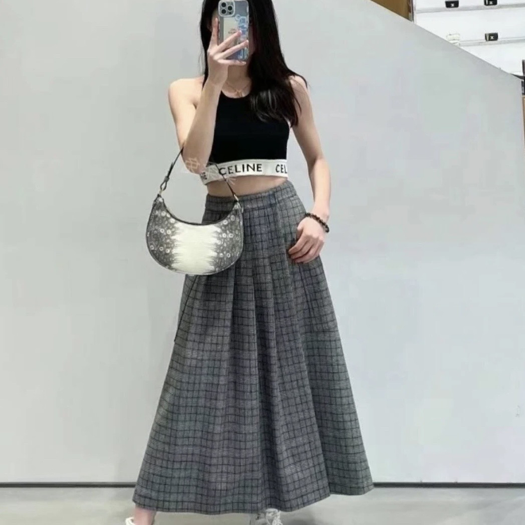99新 Celine/思琳 ss304/灰色片式羊毛格纹半身裙 40码 羊毛