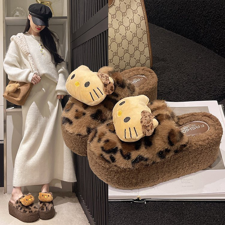 小个子厚底增高7CM豹纹卡通包头毛毛鞋2025年秋冬季爆款休闲百搭