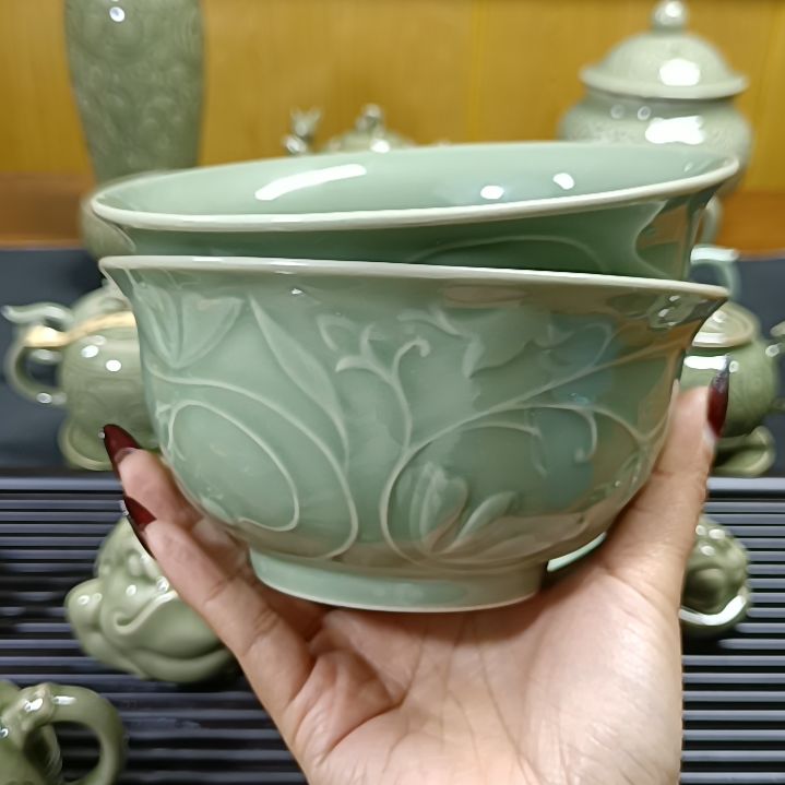 耀州窑青瓷玉兰碗微微瑕5.5寸2只