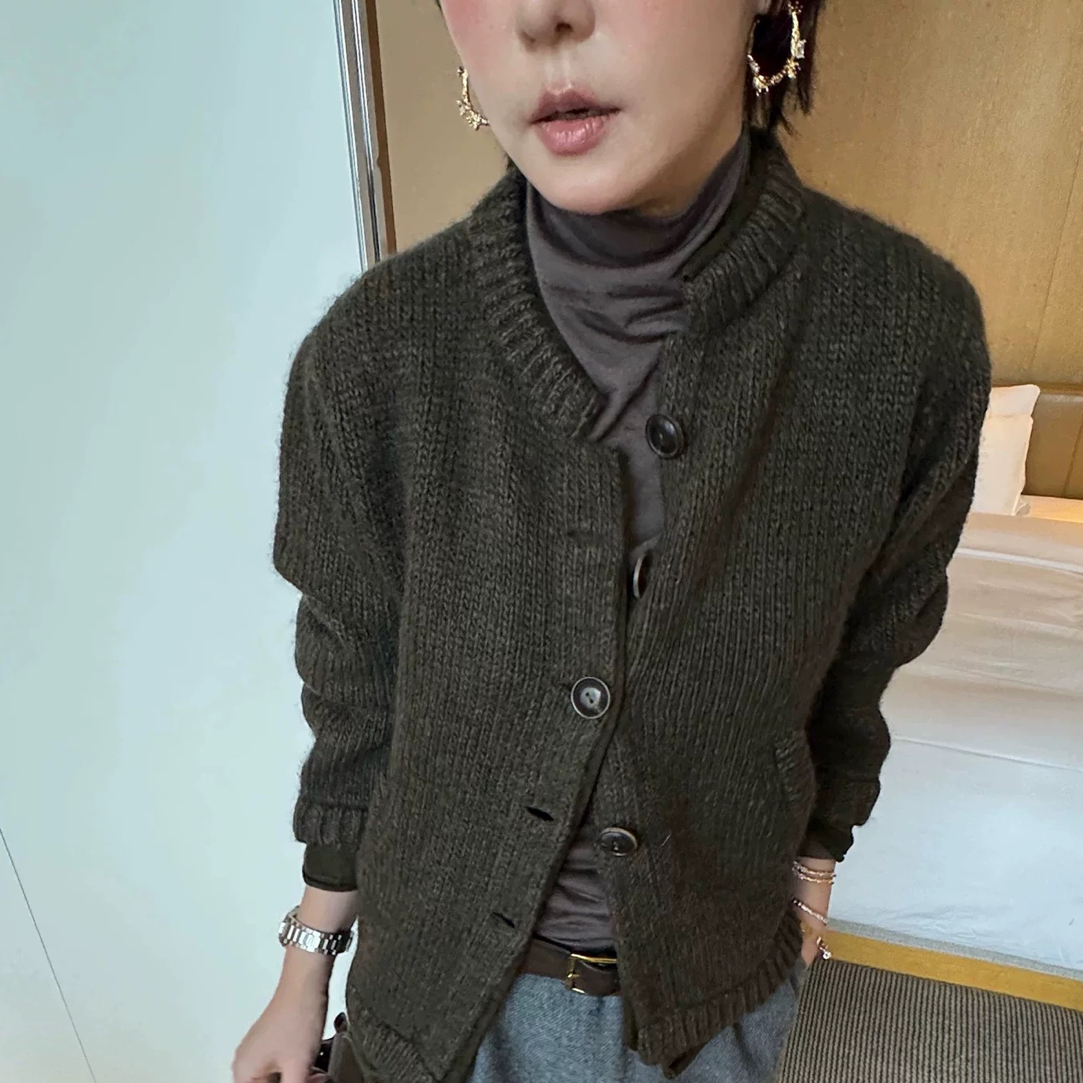 正品设计师品牌COT25秋冬新品复古假两件毛衣开衫橄榄绿