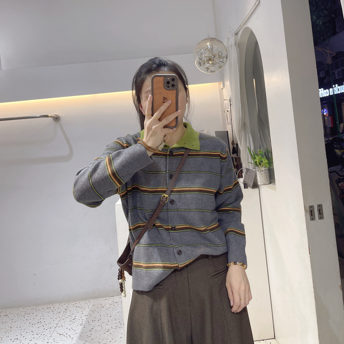 韩版条纹Polo领针织开衫宽松显瘦慵懒风125