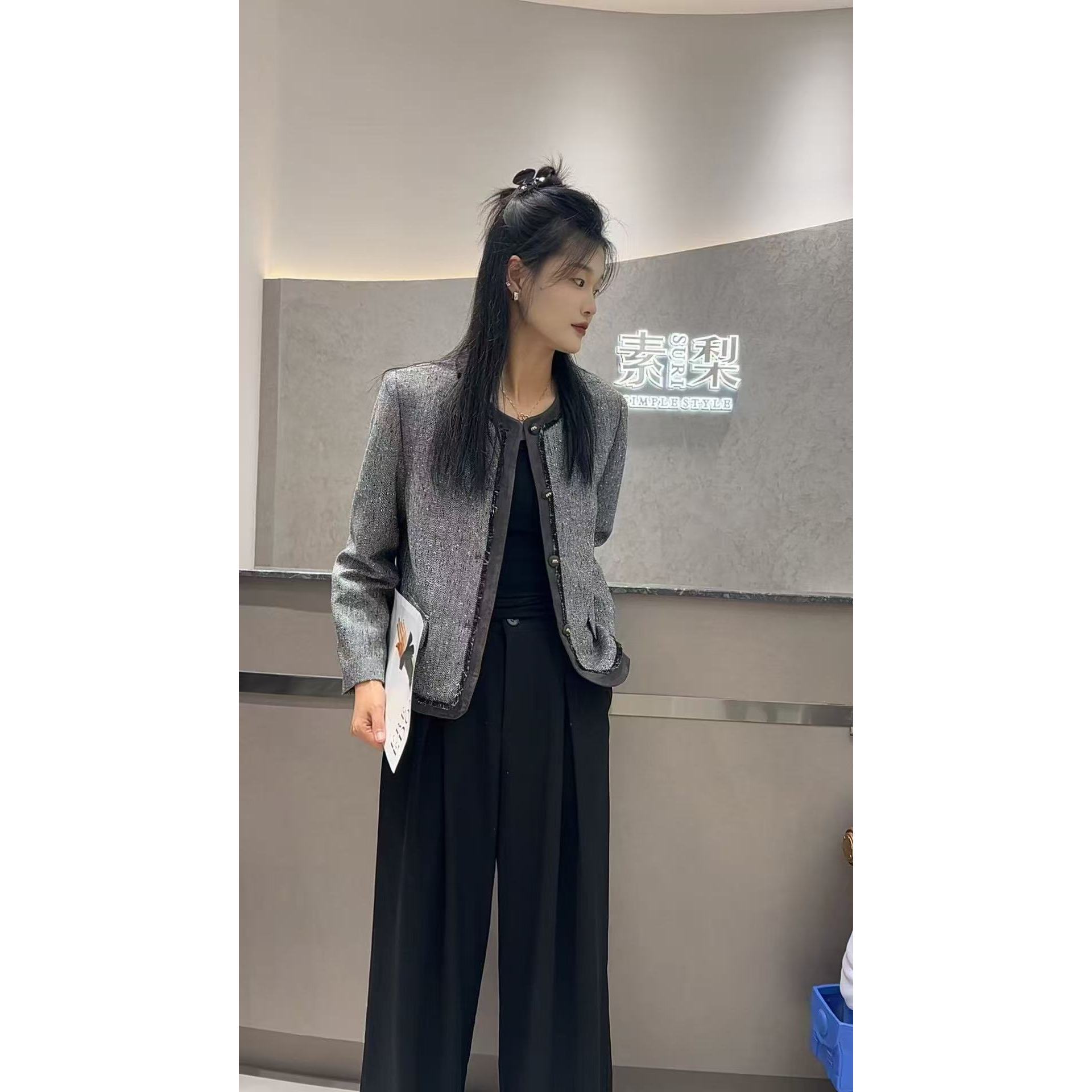 小香风女短外套圆领短款复古春秋毛呢粗花呢W375