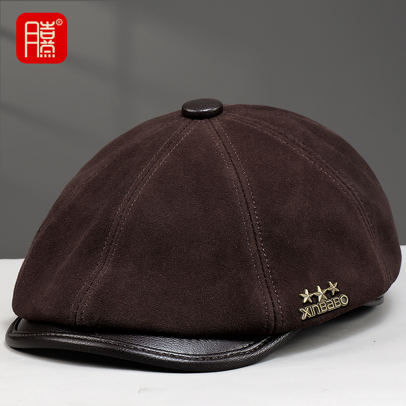 羊皮男士八角帽贝雷帽复古报童帽英伦女士前进帽帽子男冬季