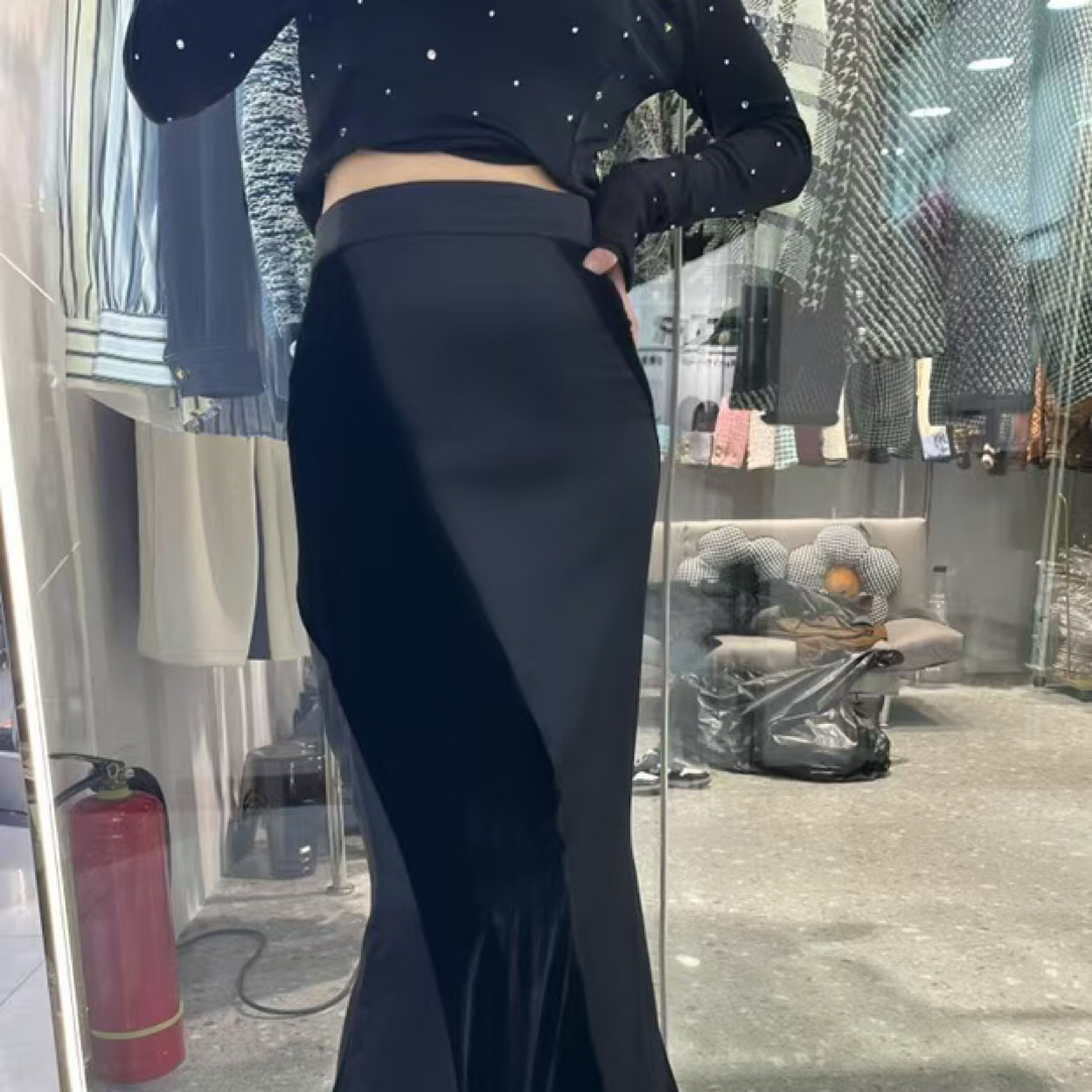 D50809秋冬长款垂感高腰显瘦黑色包臀鱼尾半身裙