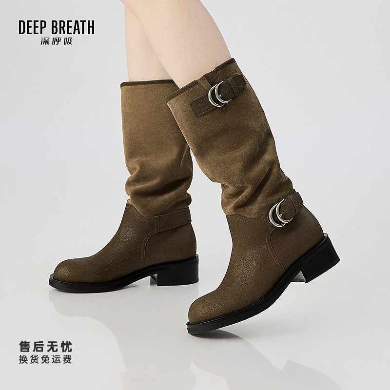 DEEP BREATH深呼吸女鞋松弛感堆堆靴巴恩风马靴牛皮长靴AX15247