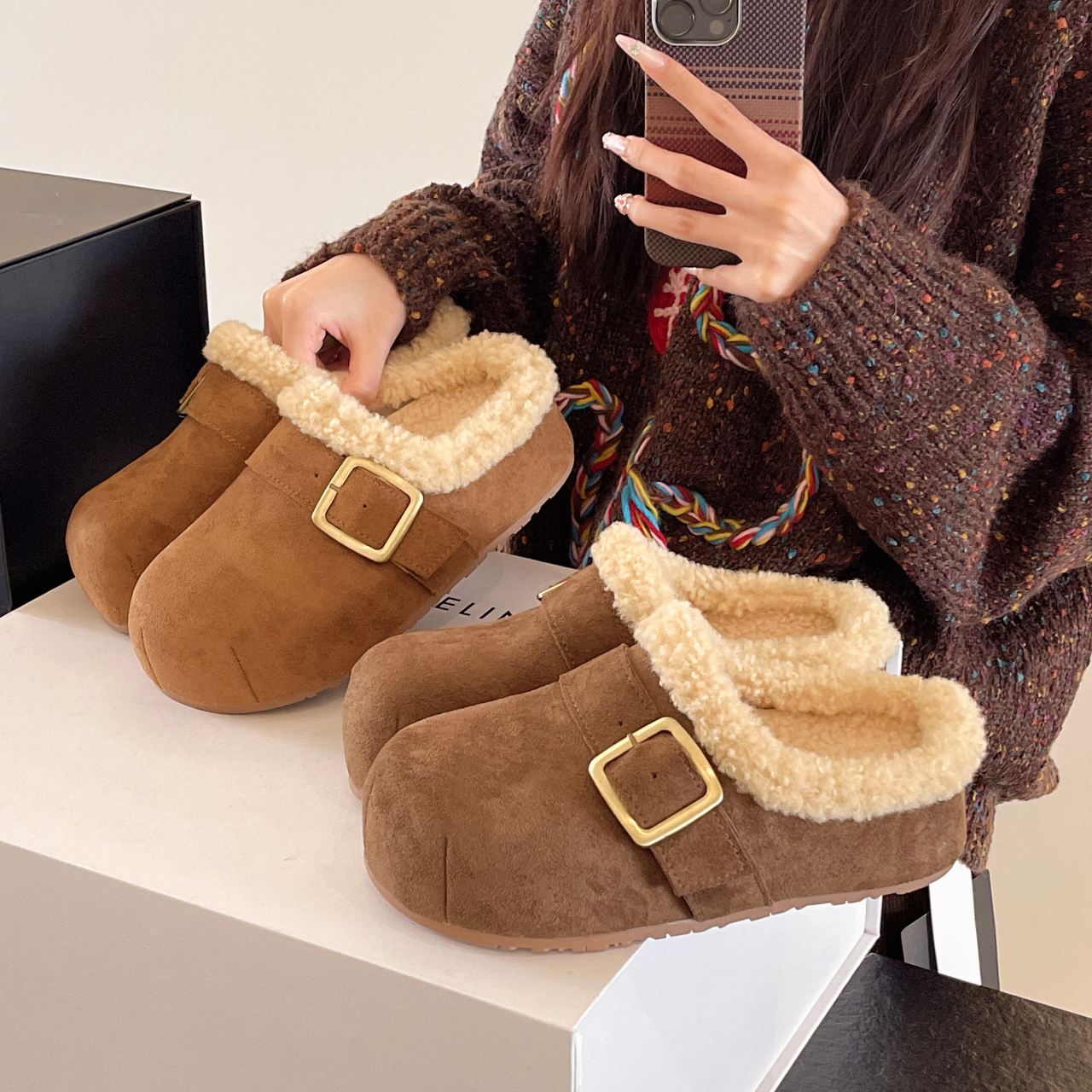 纯色网头拖包头款秋冬季包跟棉拖鞋休闲风INS风