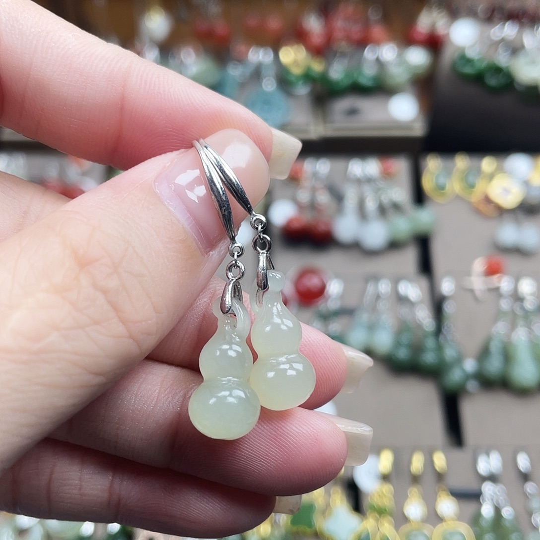 和田玉银S925镀金镶嵌耳饰