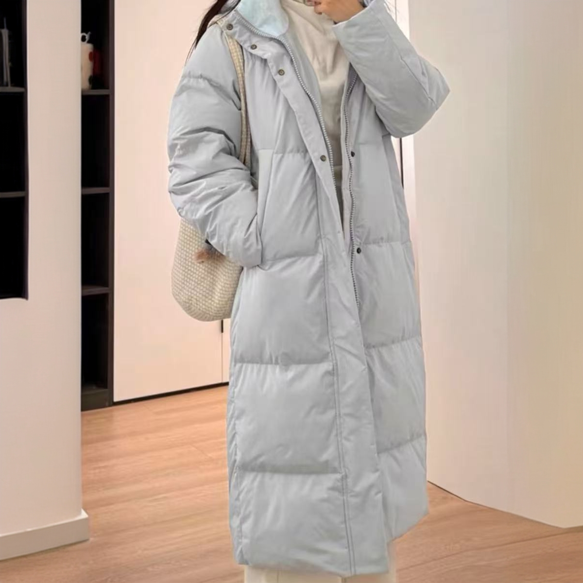 奶蓝色棉服女中长款2025年冬季新款棉袄加厚过膝中戏棉衣外套