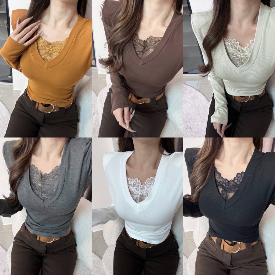 打底衫衬衫加绒蕾丝显瘦长袖网红针织时尚修身拼接
