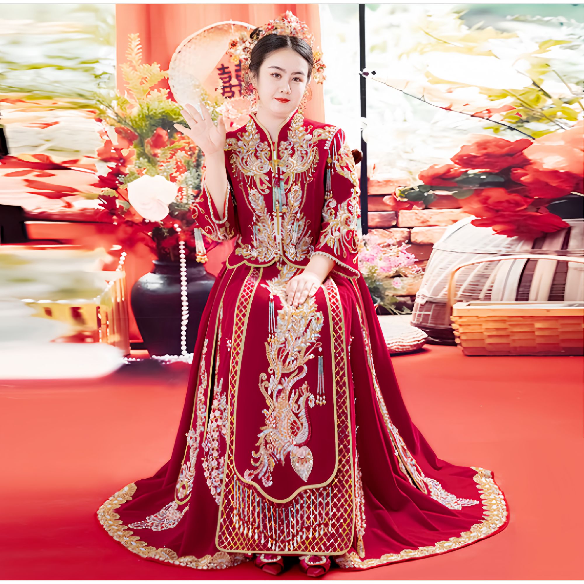 重工丝绒秀禾服新娘结婚中式婚服龙凤褂敬酒服出阁大码显瘦嫁衣女