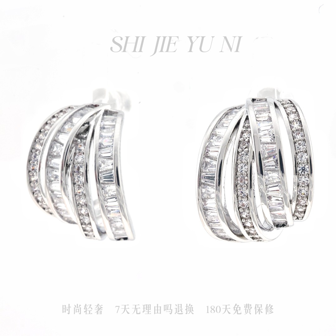 铜合金锆石耳饰 耳钉铜合金耳饰SJYN925银针极简满镶时尚轻奢E736
