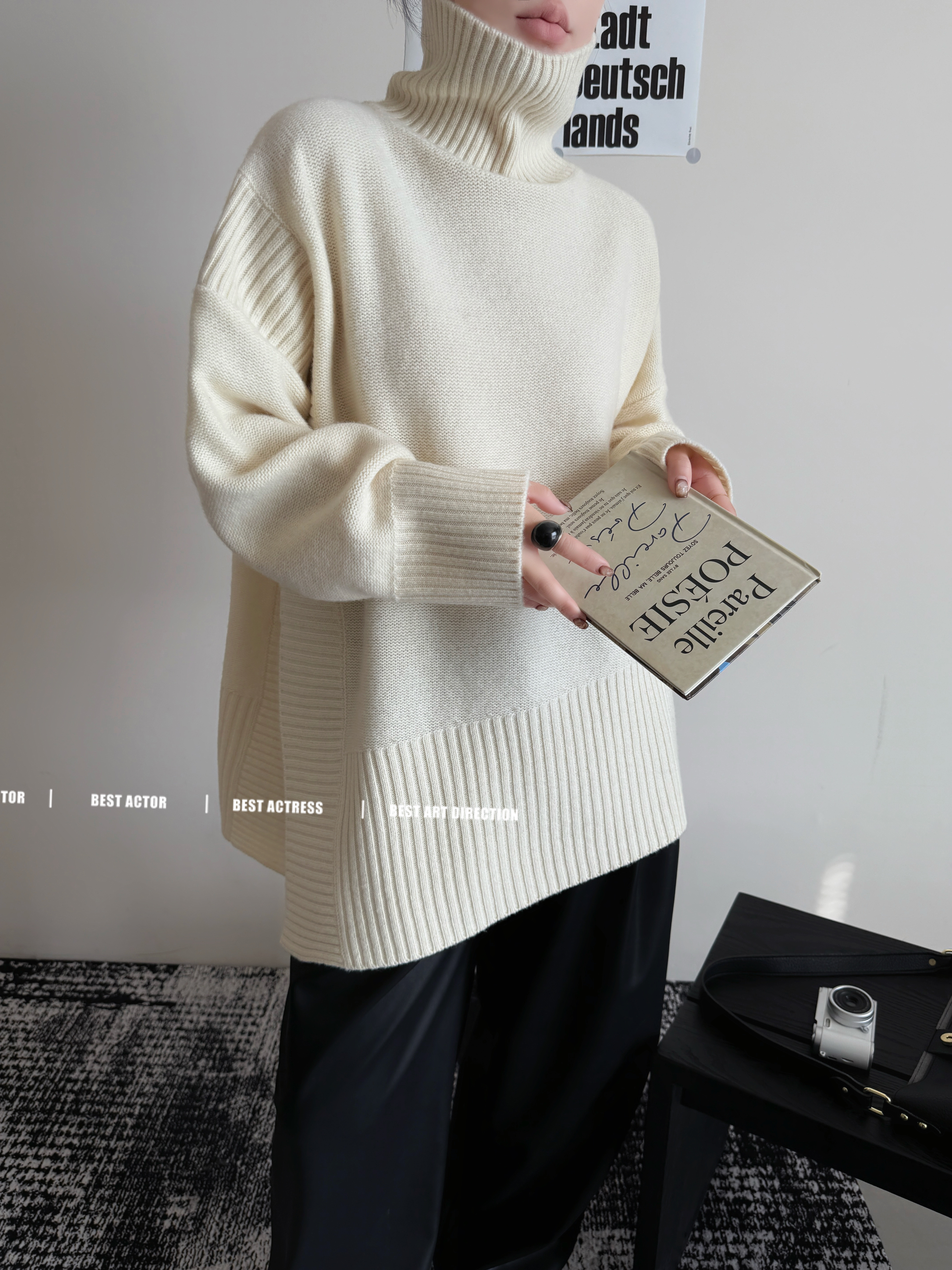 【100%羊毛】堆堆领不规则小众洋气女羊毛衫 高领宽松大版慵懒风