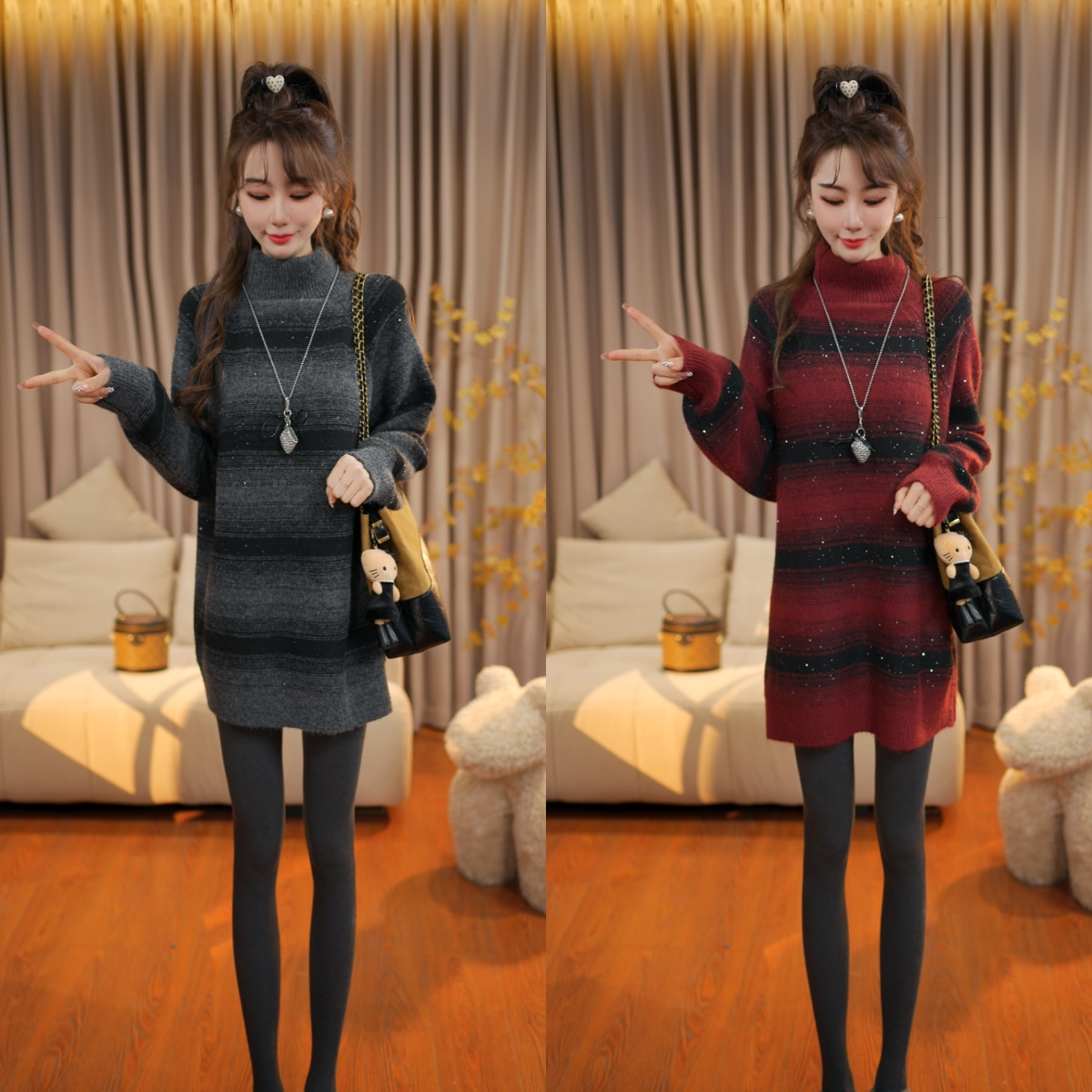 冬季新款渐变拼色条纹高领套头针织衫毛衣女宽松时尚慵懒上衣