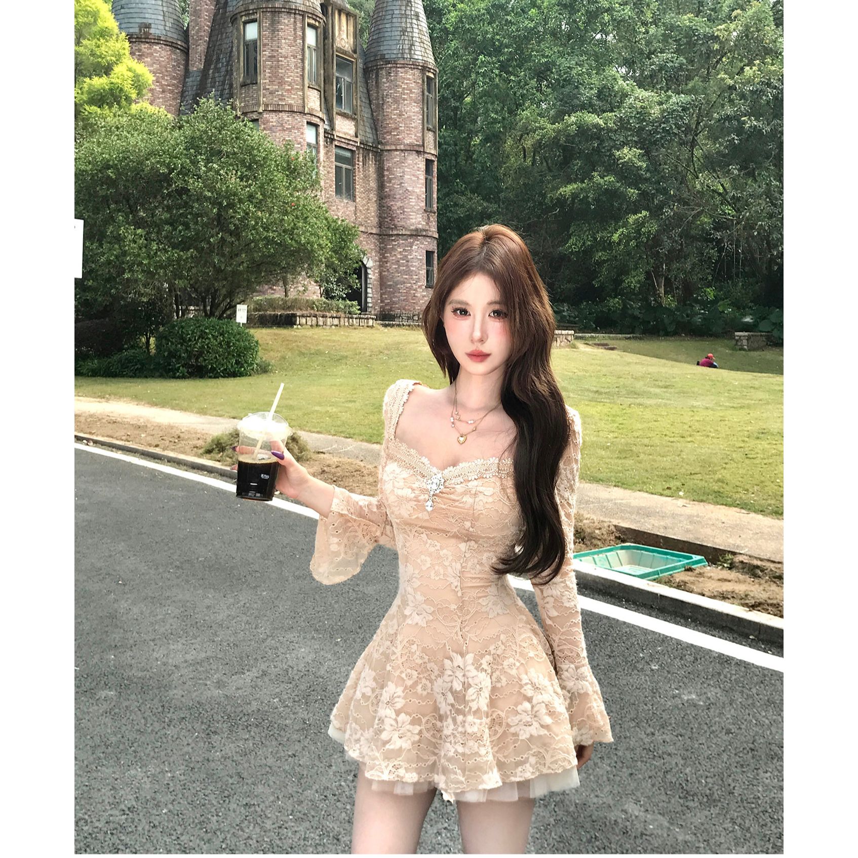 【小美】大码女装法式纯欲蕾丝花边连衣裙女秋气质收腰裙子14159