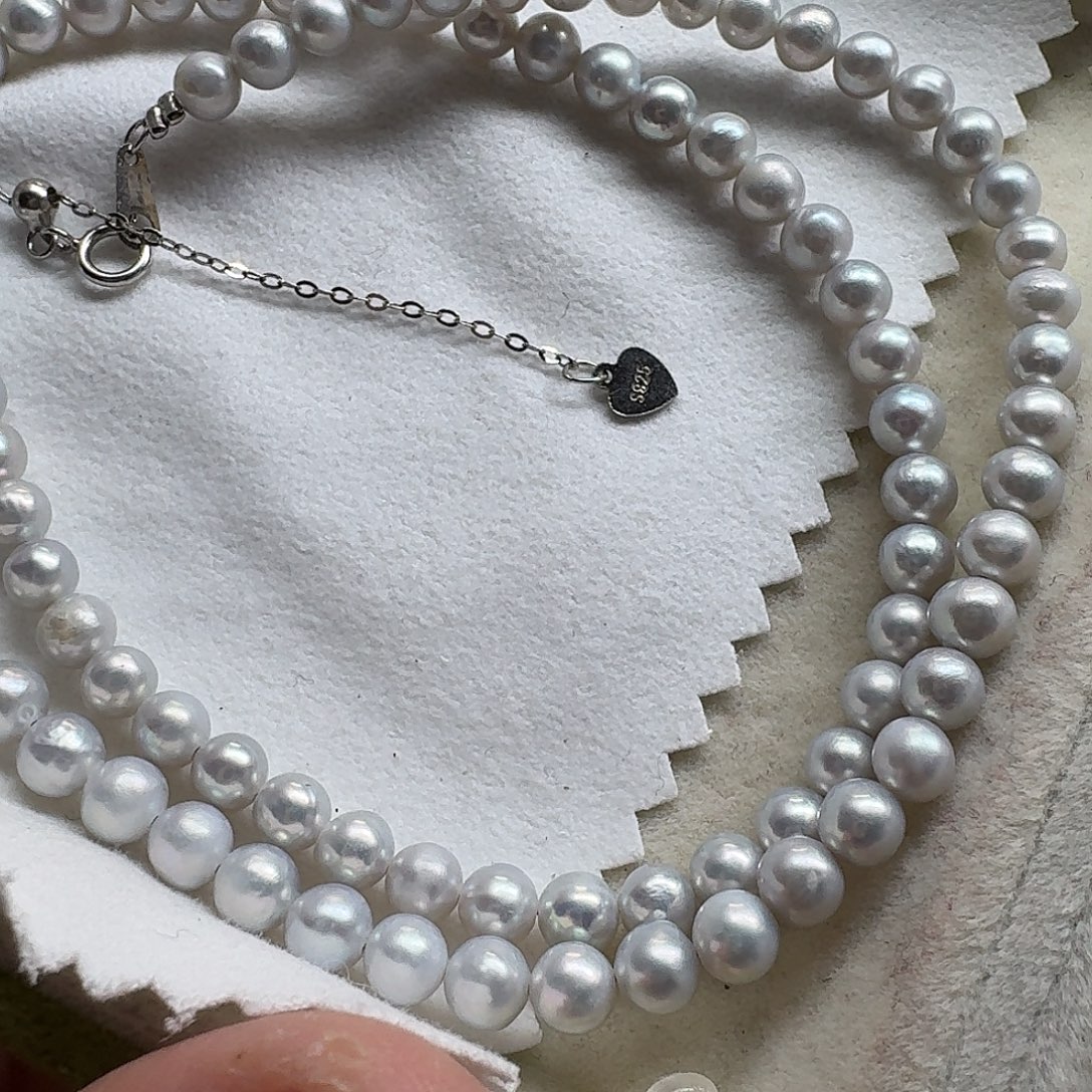 颈饰银S925镶嵌淡水珍珠淡水灰色小米链微瑕