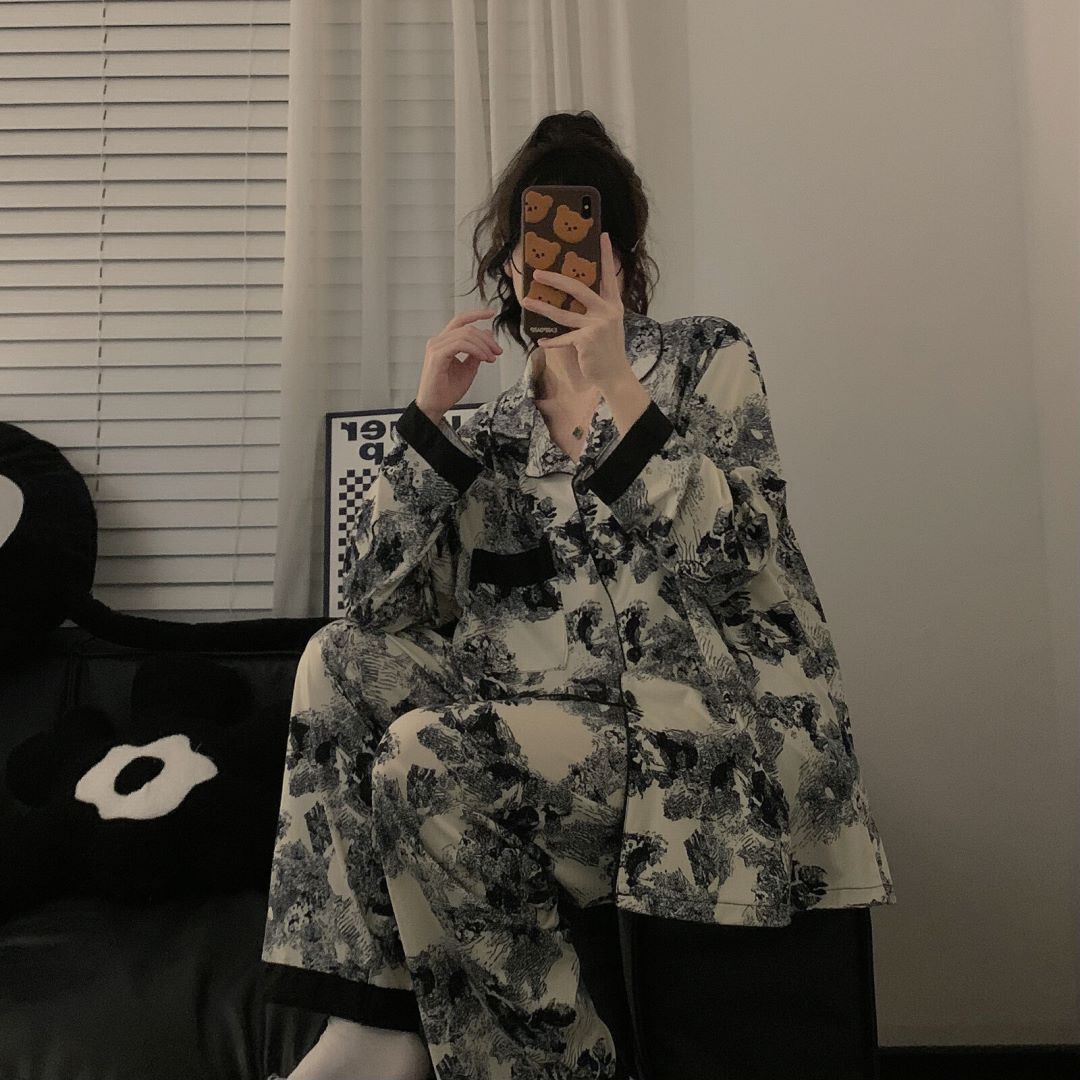 2025秋季大码睡衣宽松胖mm长袖翻领水墨画可外穿家居服套装女