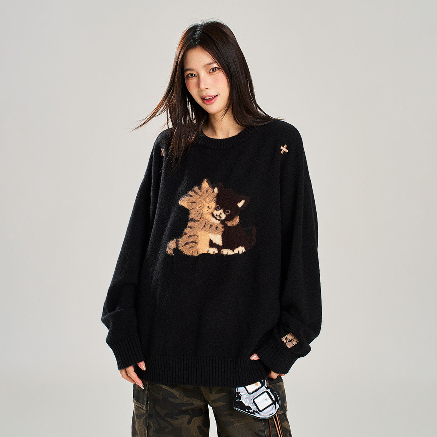 NSTNEW START发芽计划拥抱猫毛绒提花慵懒感宽松百搭毛衣针织上衣