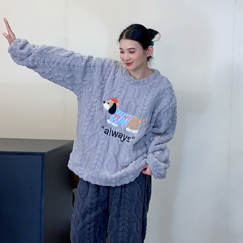 SIPIN/司品大码睡衣女长毛绒提花圆领套头甜美宽松冬季家居服套装