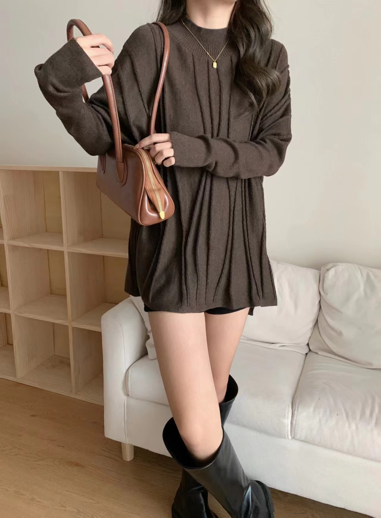 针织休闲毛衣秋冬常规款中长款单件长袖圆领宽松8203