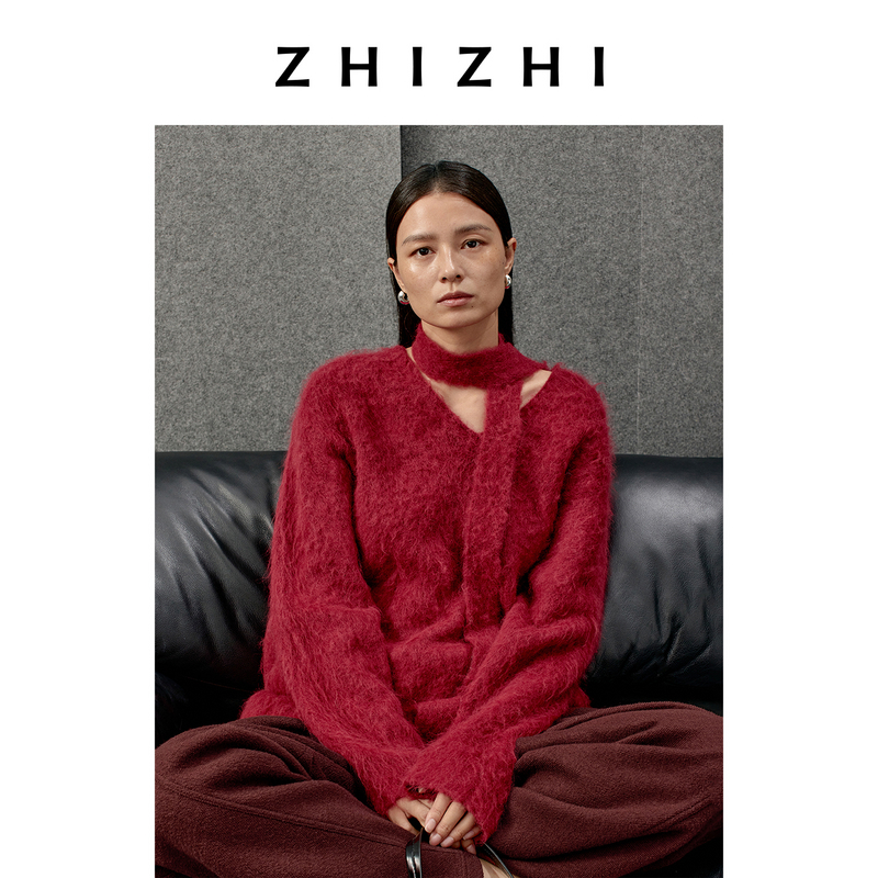 致知 好事近 羊驼拉毛围巾V领毛衣宽松25年冬季新款ZZ2EWKZL006