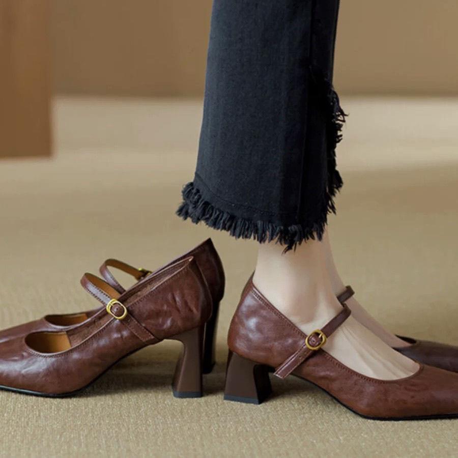 软羊皮黑色高跟鞋2025春秋新款法式复古粗跟一字带玛丽珍鞋女单鞋