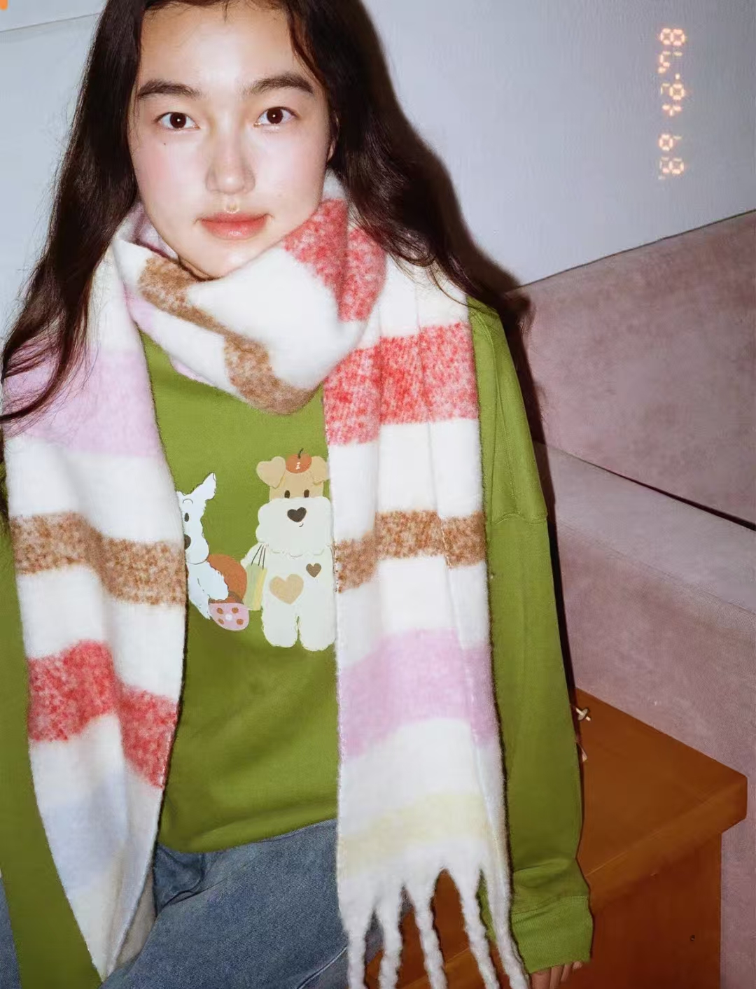 彩虹条纹流苏围巾毛茸茸氛围感保暖围脖