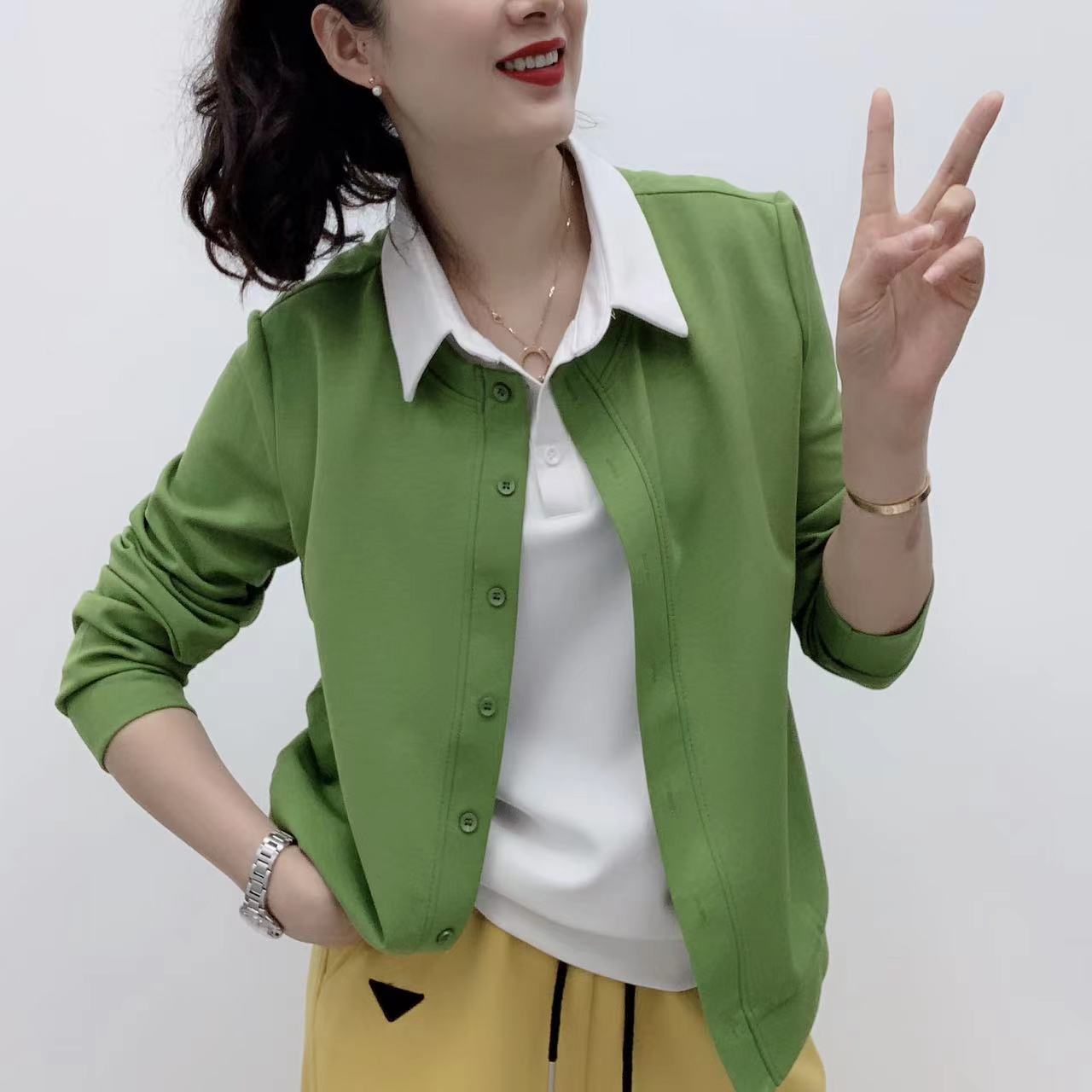 秋季新款衬衫领假两件开衫女士卫衣减龄时尚长袖洋气女款