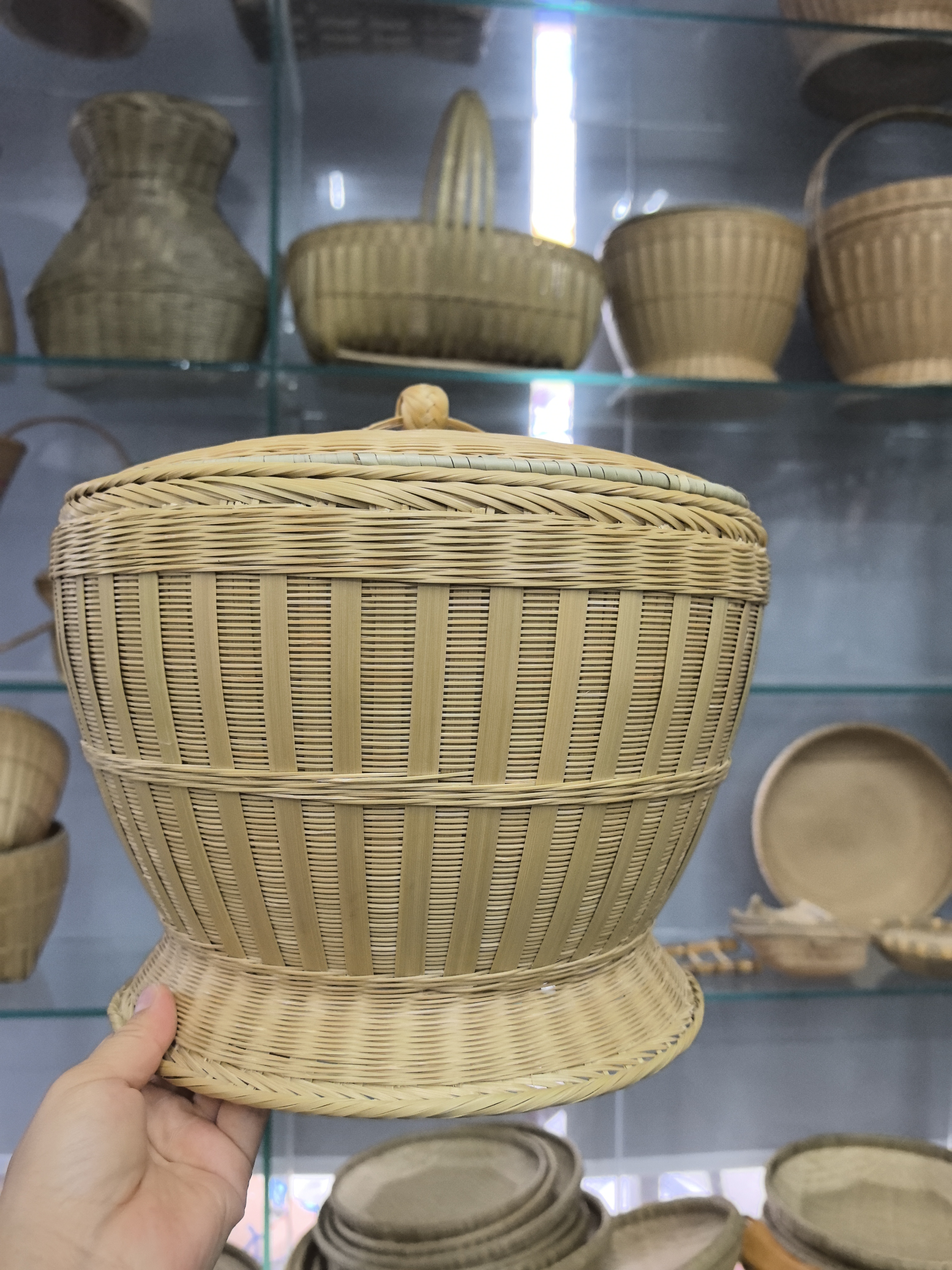 竹编带盖收纳筐直径26可作鸡蛋筐茶叶盒水果篮零食框