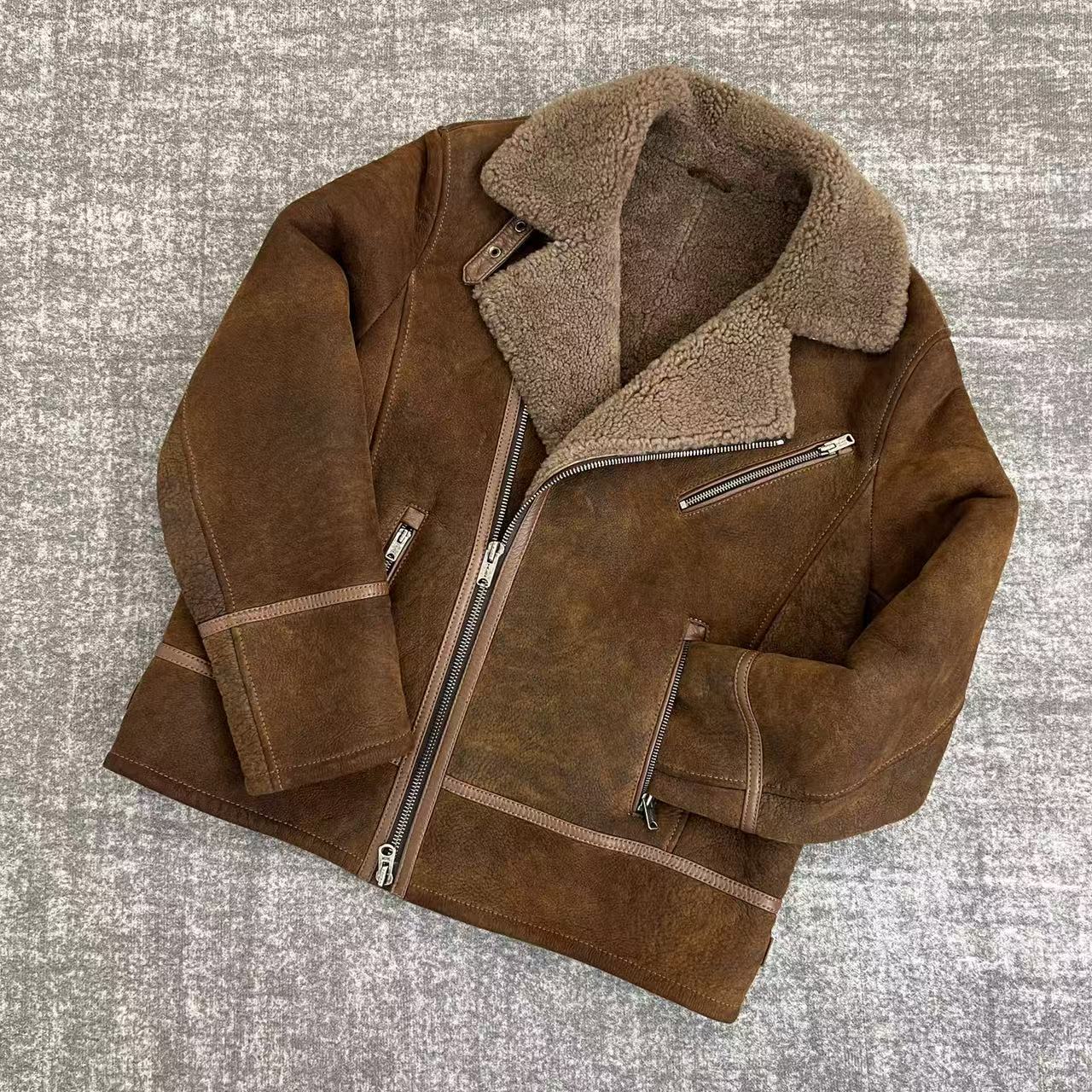 醇植浆染男款皮毛一体复古水洗做旧工艺保暖皮毛男款机车外套7507