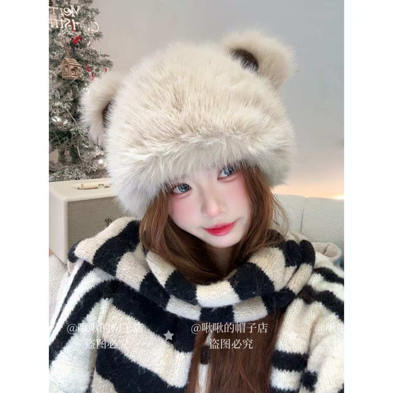 冬眠小熊 |可爱毛茸茸冬季保暖显脸小防风大耳朵小熊渔夫帽女百搭