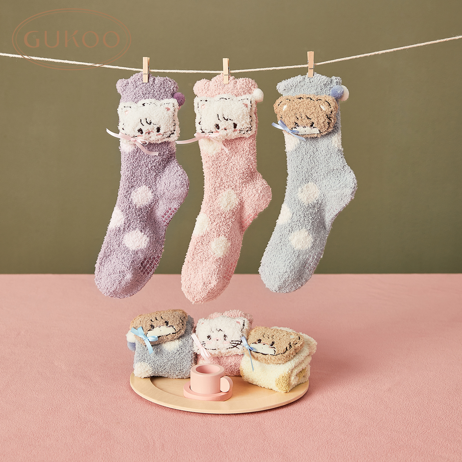 【Gukoo果壳】中筒袜女冬季mikko联名新款雪尼尔保暖可爱女士袜子