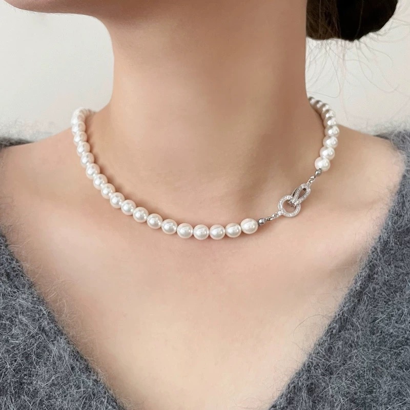 T88天然淡水无核珍珠项链9-10mm正圆极光s925银镶嵌OT扣