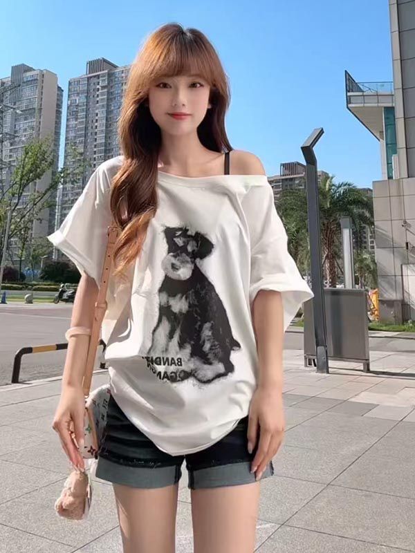 一字领斜肩短袖T恤女夏季2025新款爆款宽松慵懒风甜酷露肩上衣ins