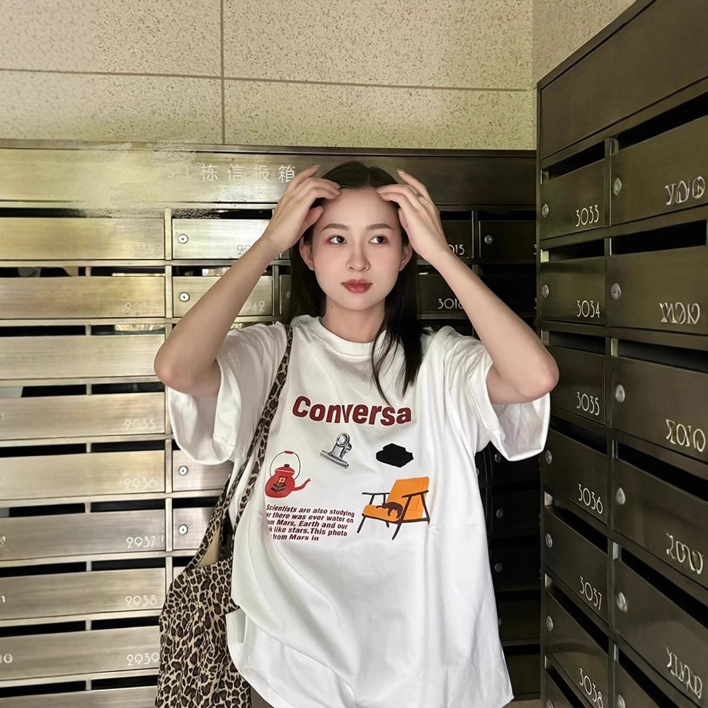 印花潮流圆领时尚中长款卡通动漫字母短袖卡通T恤夏季白色宽松