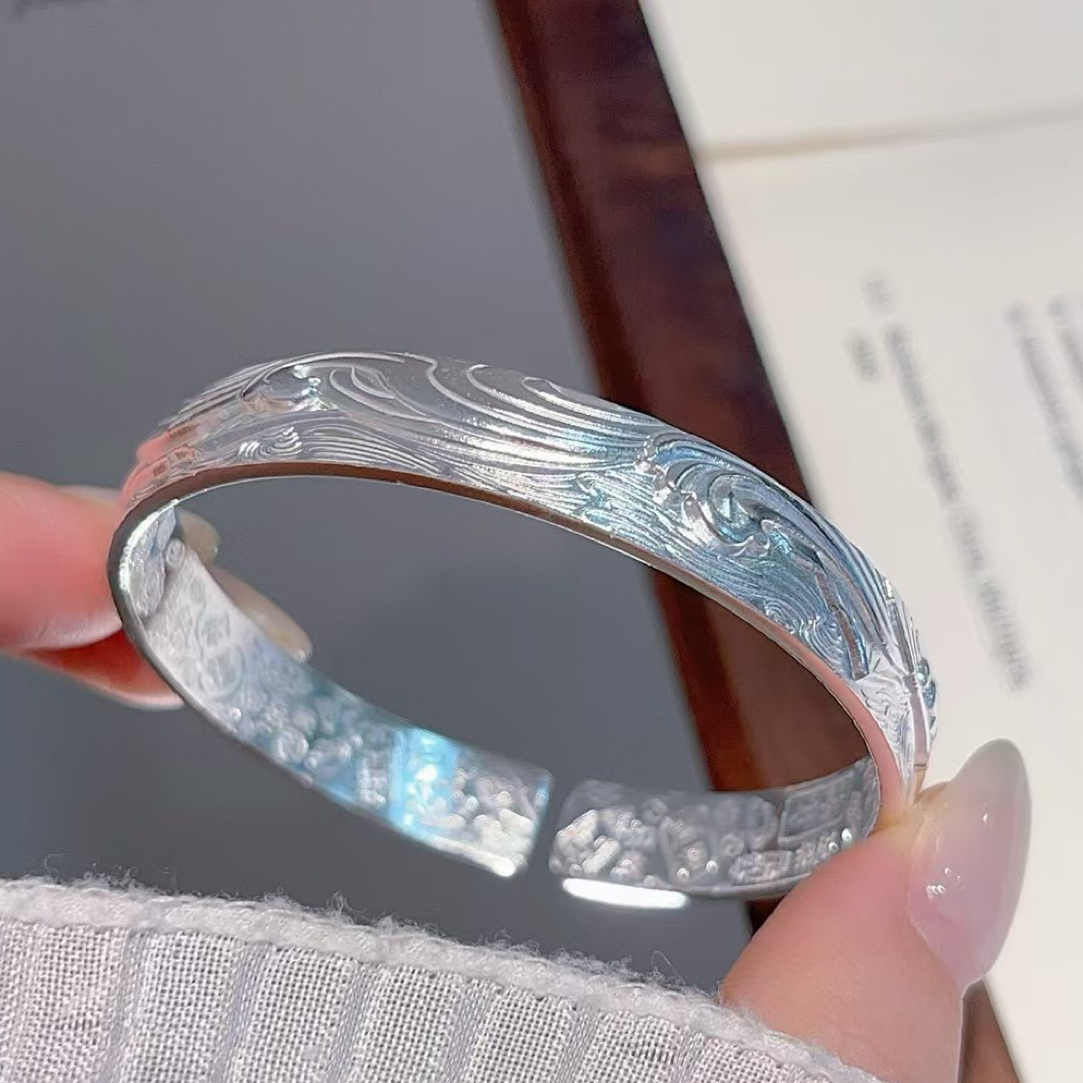 足银手镯 999.9手工海浪祥云龙凤福纹心经镯实心开口女款足银手镯