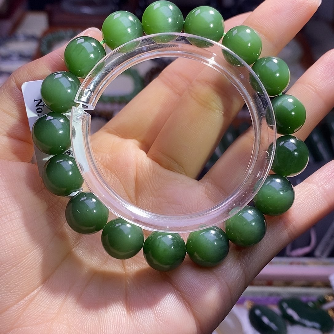 颈饰未镶嵌和田玉毕业级老坑料碧玉猫眼手链12m