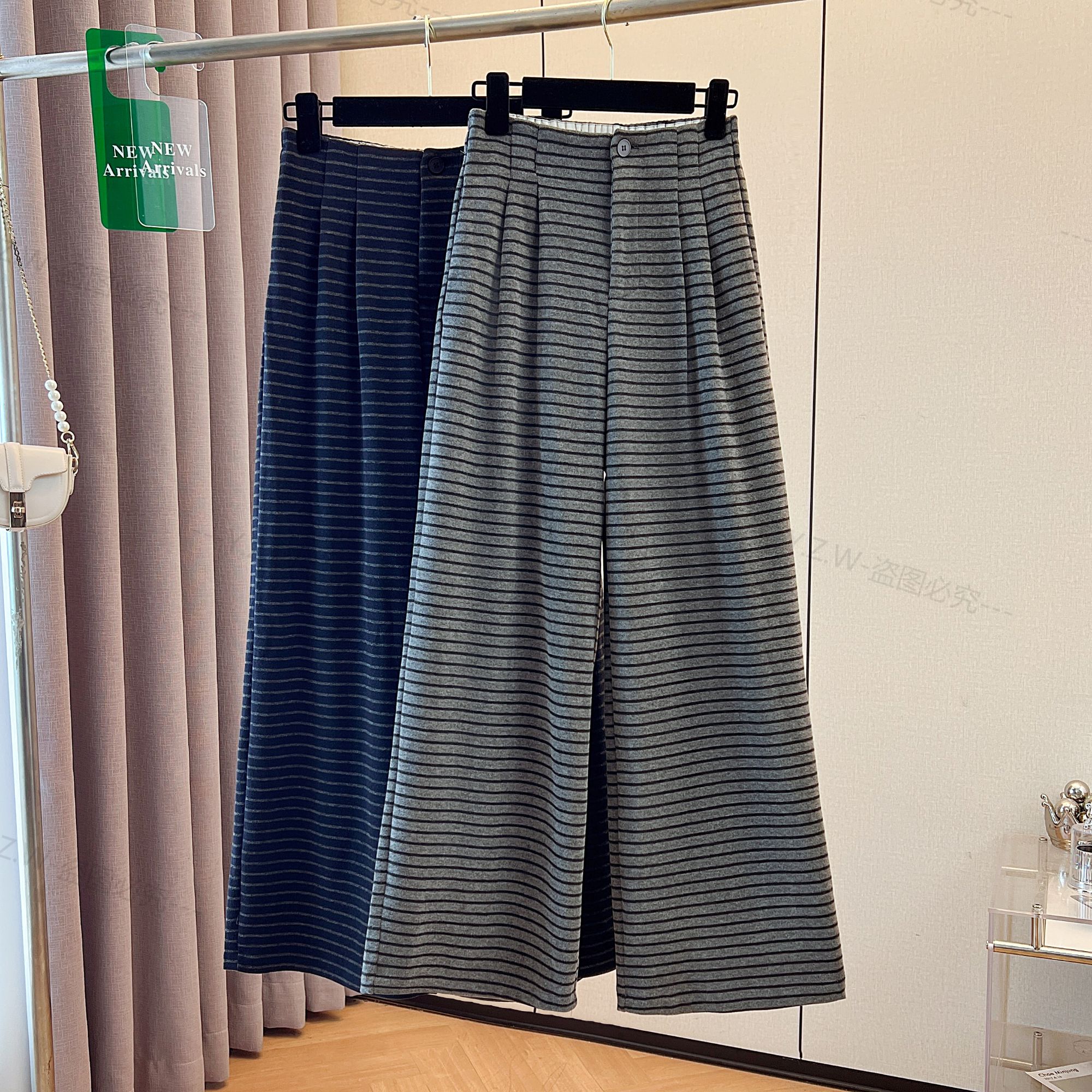 【加厚款糯米呢】云感条纹气质休闲阔腿裤秋新款垂坠感高腰百搭长裤