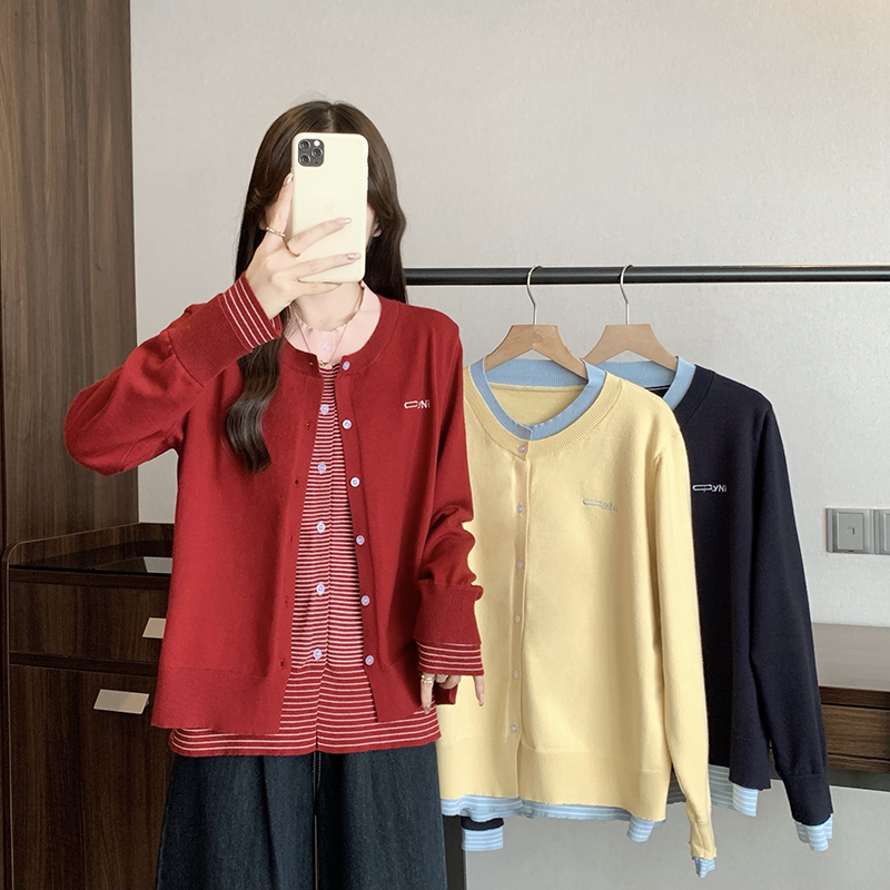 2025秋装新款胖mm大码女韩系甜美圆领假两件长袖针织上衣71967